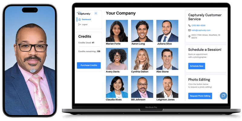 Capturely admin dashboard showing session management and headshot delivery