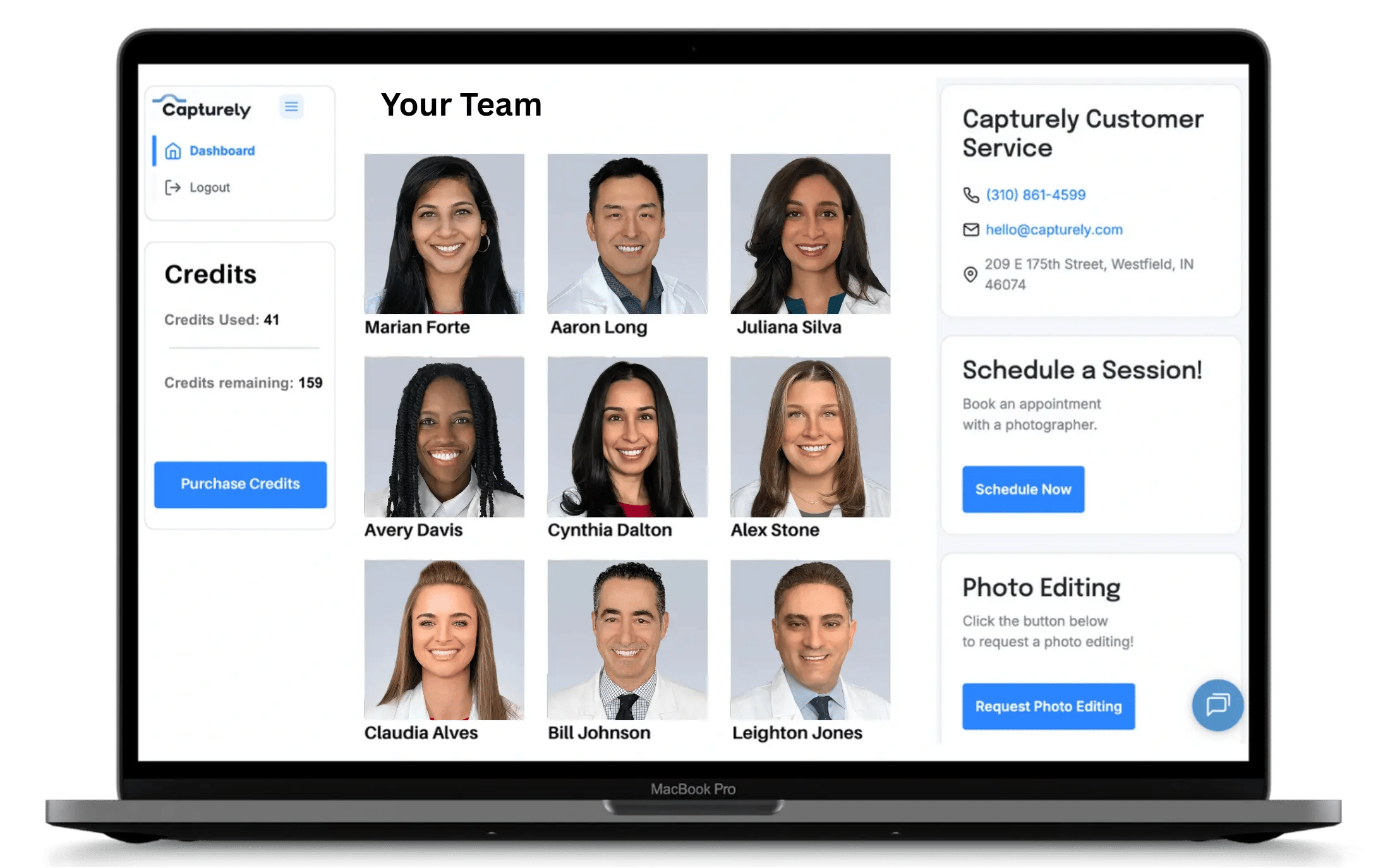 Capturely admin dashboard — track scheduling, galleries, and delivery across your health system