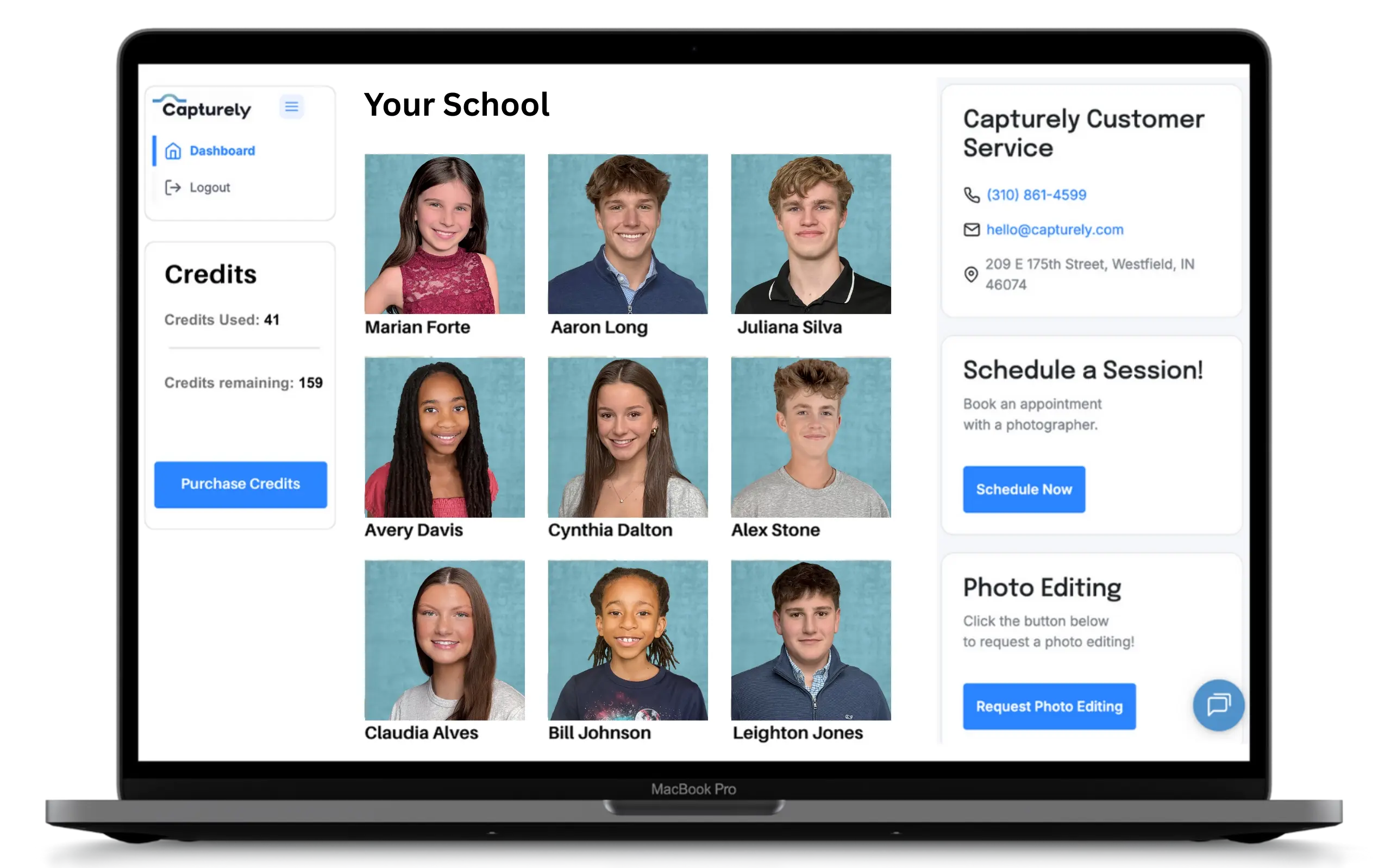 Capturely school admin dashboard — track scheduling, galleries, orders, and commissions
